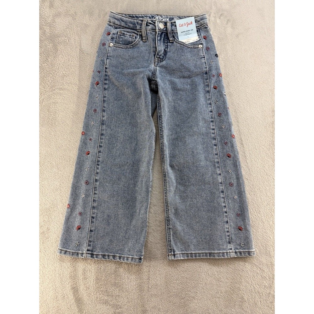 Cat & Jack Girls Wide-Leg Stretch Denim Jeans, Adjustable Waist Size 5 Blue